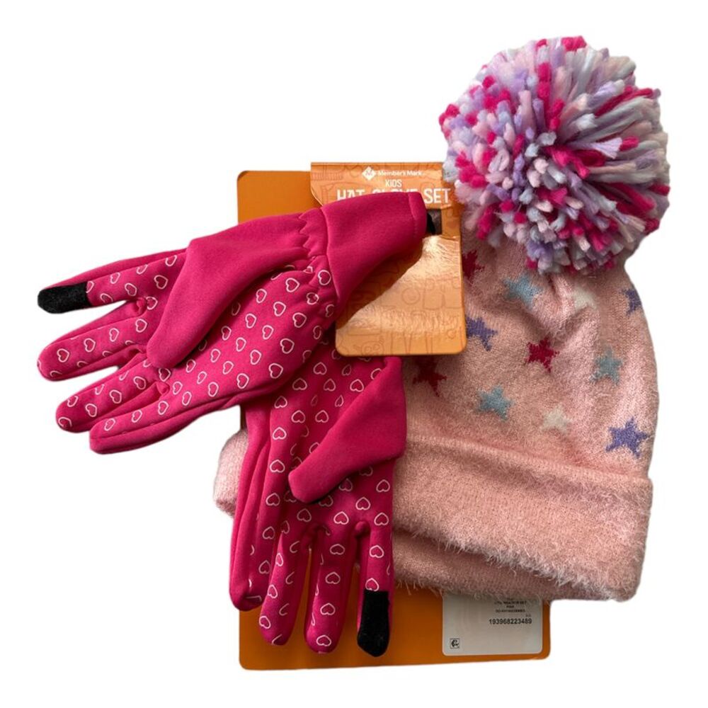 Member's Mark Kid's Flat Knit Beanie Hat With Pom Pom & Gloves Set - Pink